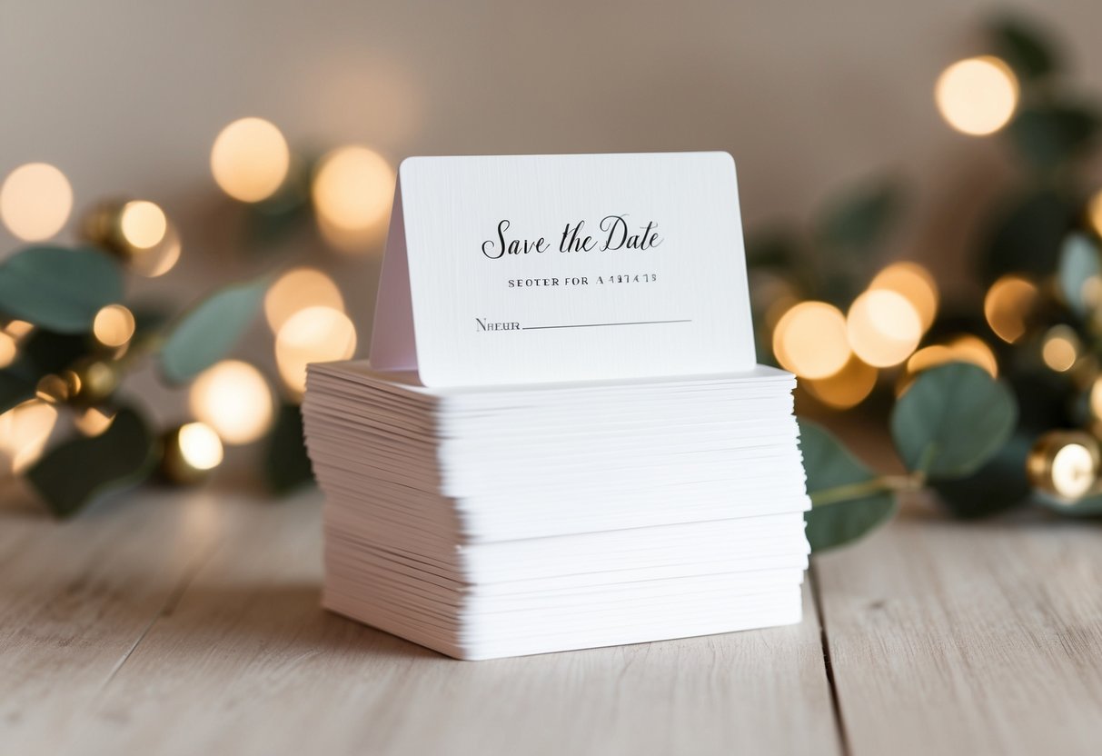 A stack of save the date cards with blank spaces for names