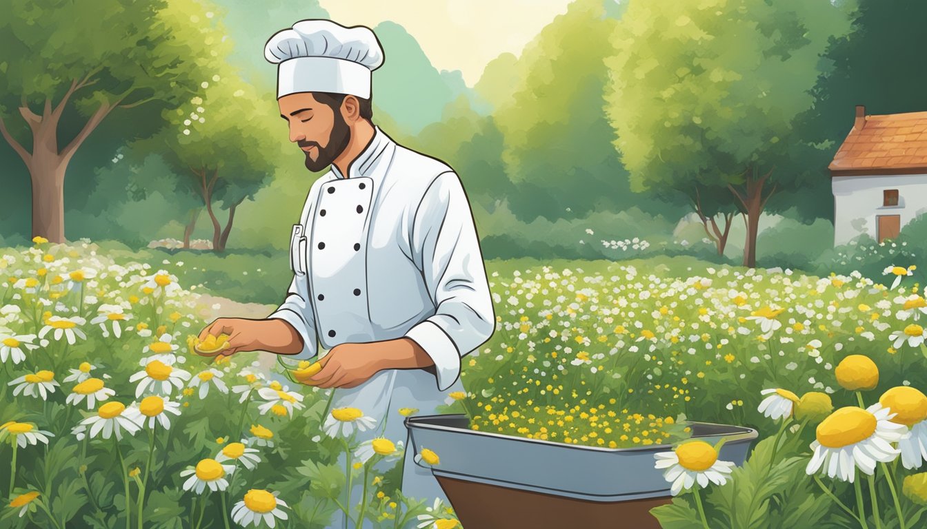 A chef carefully plucks chamomile flowers from a garden, inspecting them for use in a dish