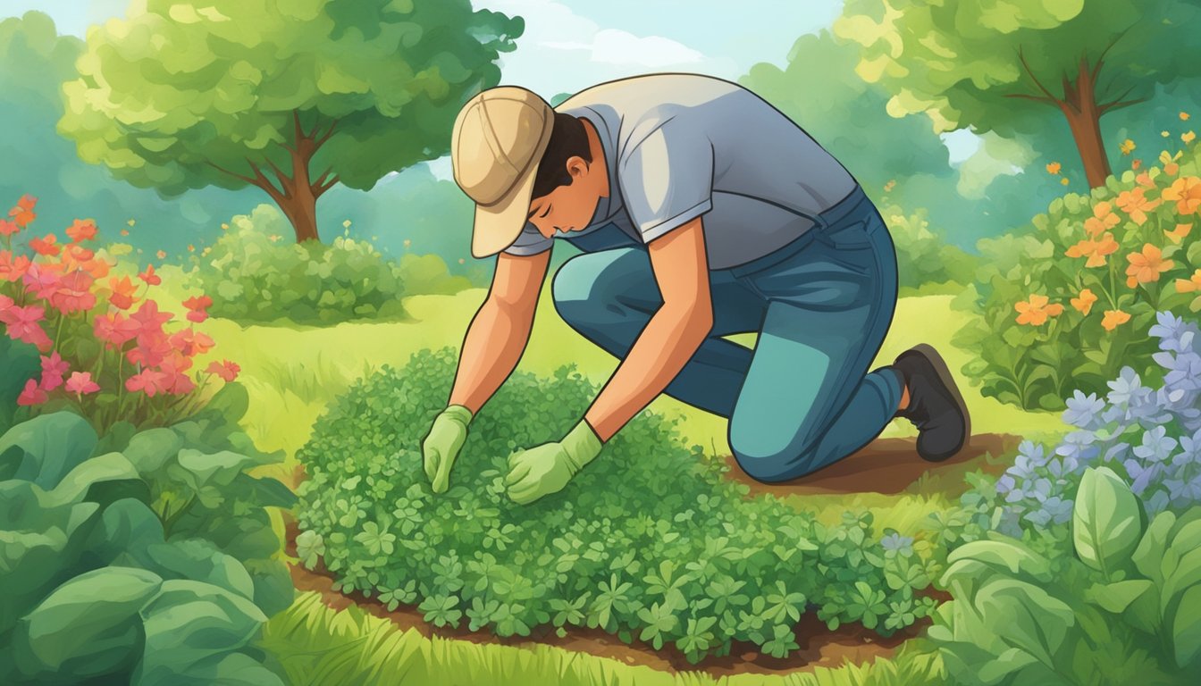 A person harvesting chickweed from a lush green garden, surrounded by other healthy and vibrant plants