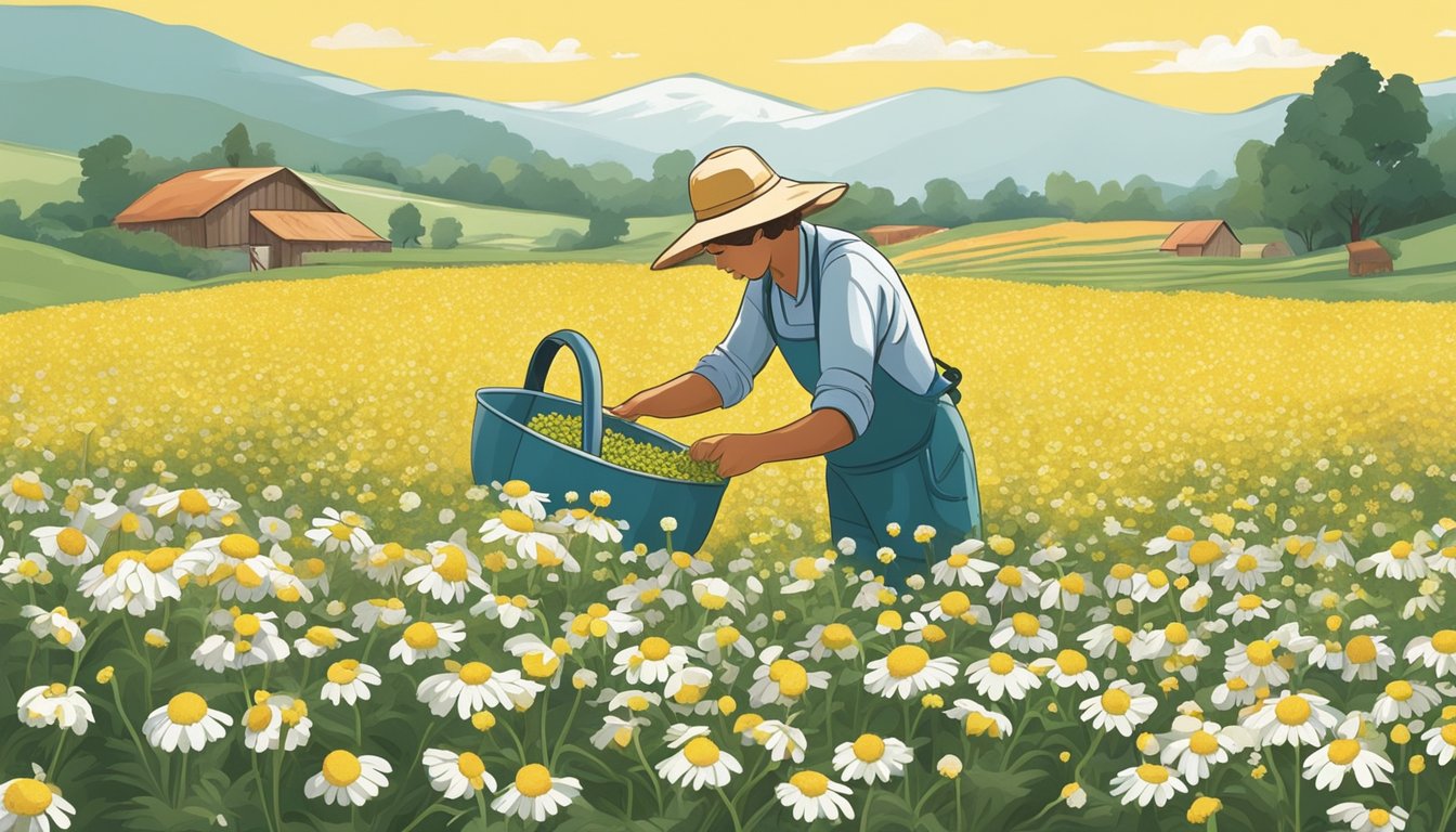 A sunny field of chamomile flowers being carefully harvested by a farmer