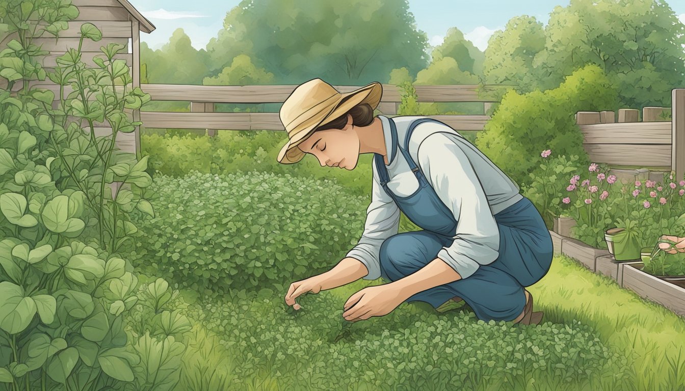 A person plucking chickweed from a garden, with various herbs and plants in the background