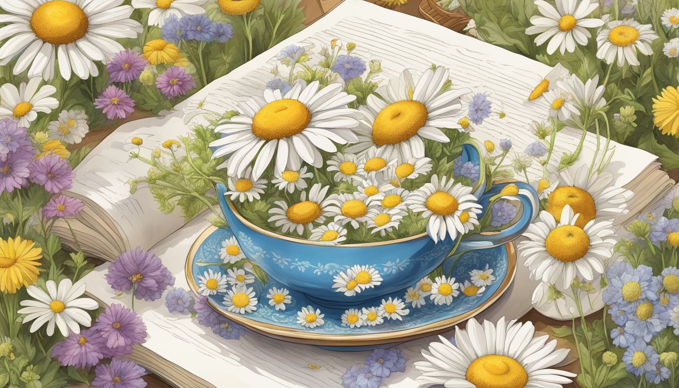 A teacup filled with chamomile flowers surrounded by a variety of other edible flowers, with a cookbook open to a page about their uses