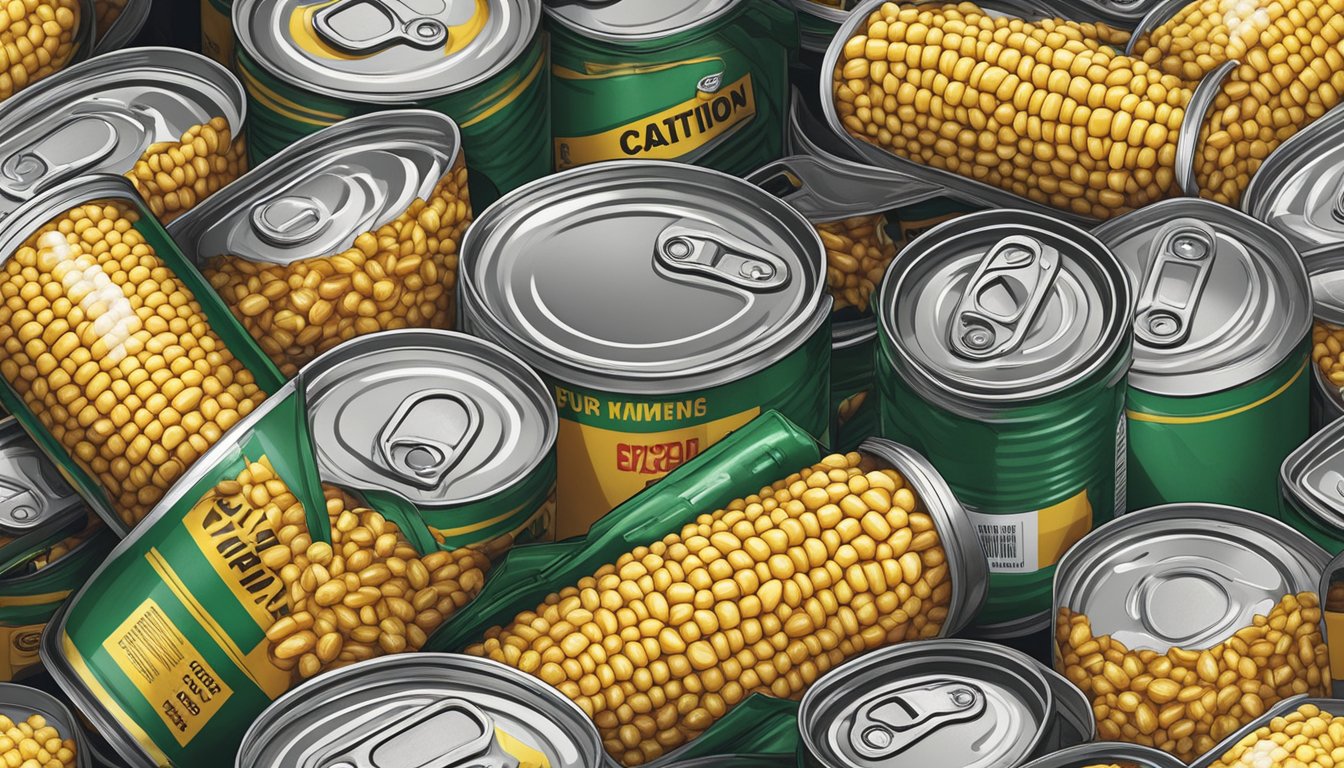 A pile of expired canned corn with visible signs of rust and bulging lids, surrounded by warning labels and a caution sign