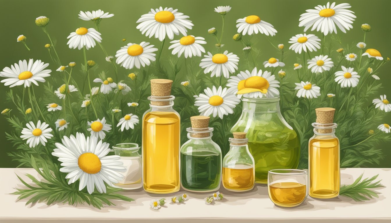 A serene garden with chamomile flowers blooming, surrounded by bottles of chamomile tea and essential oil