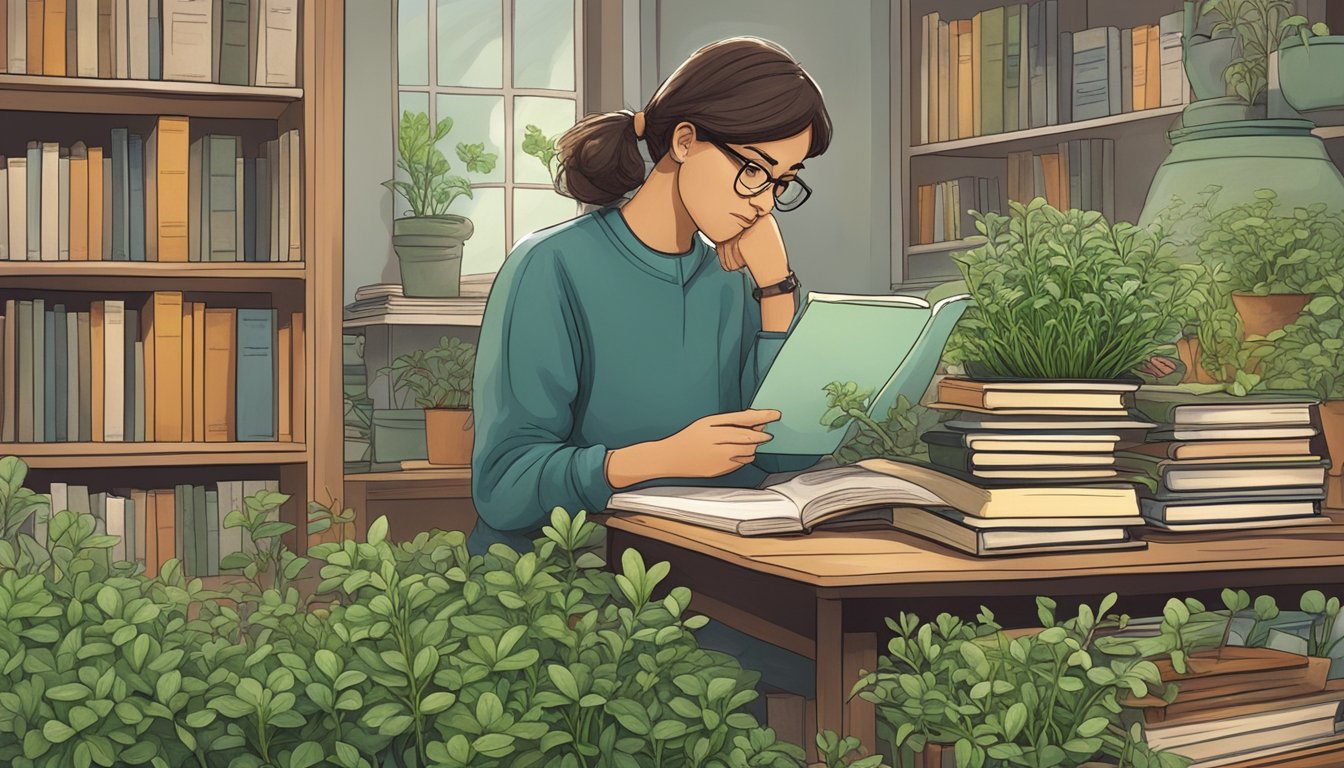 A person researching chickweed, surrounded by books and plants, with a concerned expression