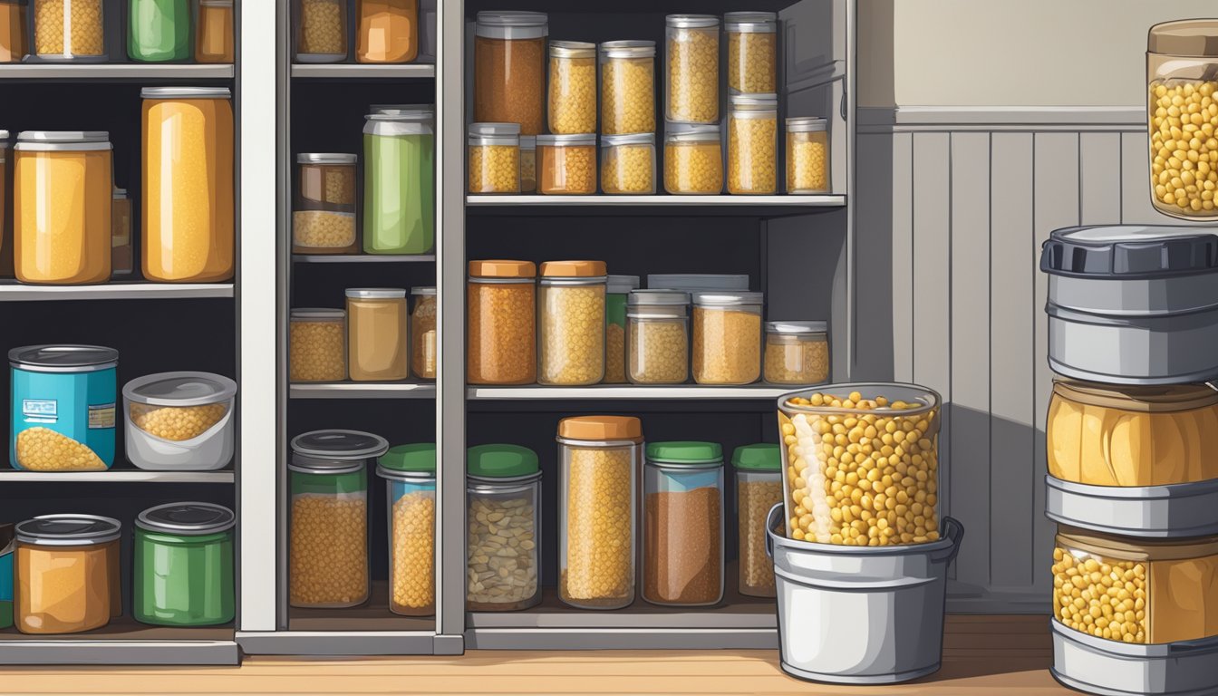 A pantry shelf with expired canned corn next to a garbage bin