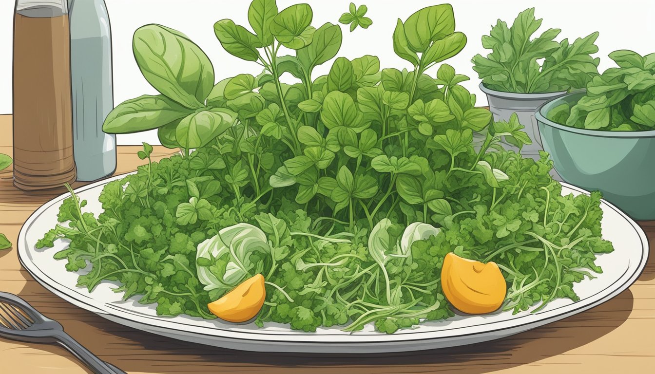 Chickweed plant surrounded by other edible greens, with a person preparing a salad with chickweed as the main ingredient