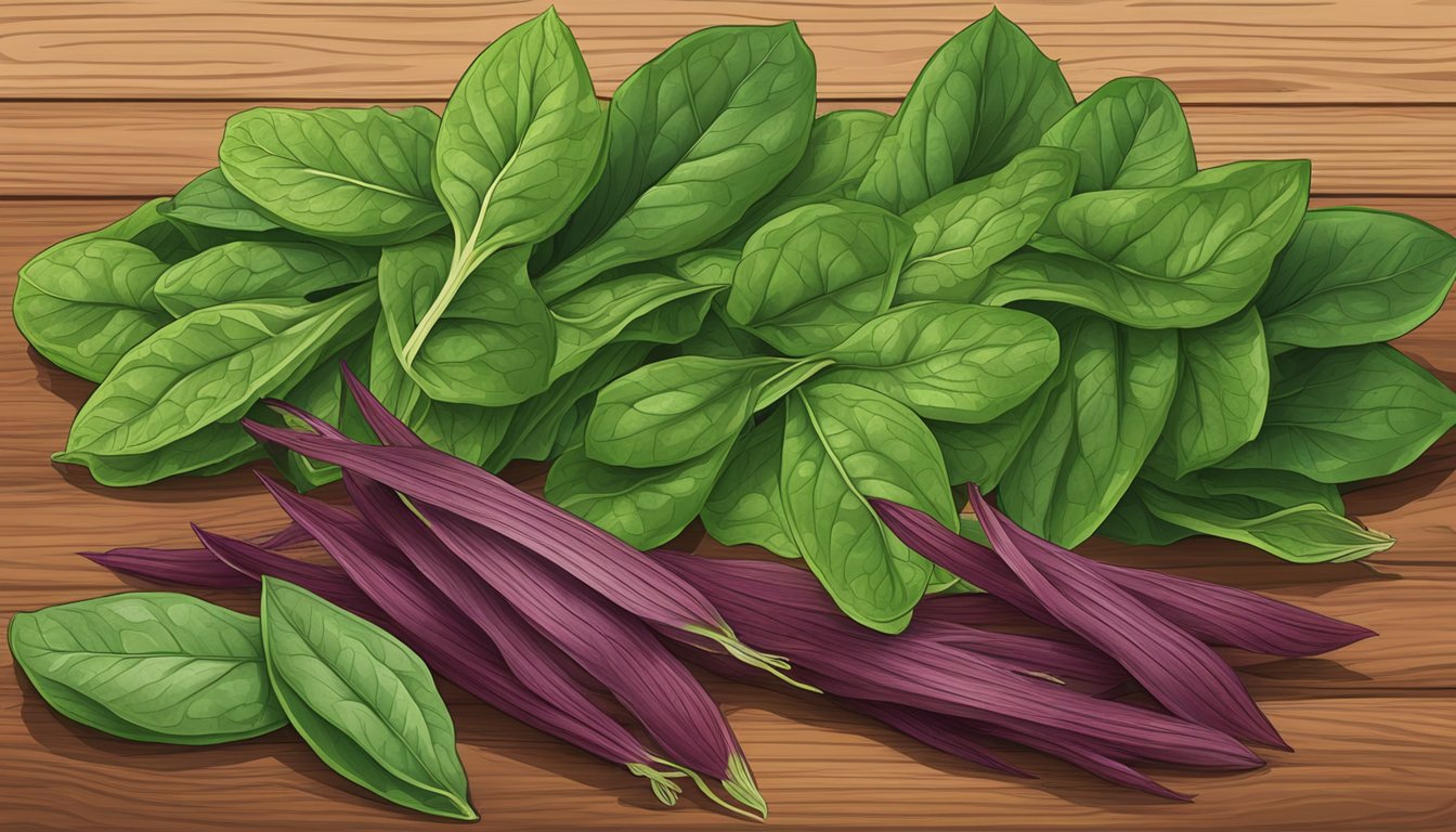 A variety of sorrel leaves, some ripe and some unripe, arranged on a wooden cutting board