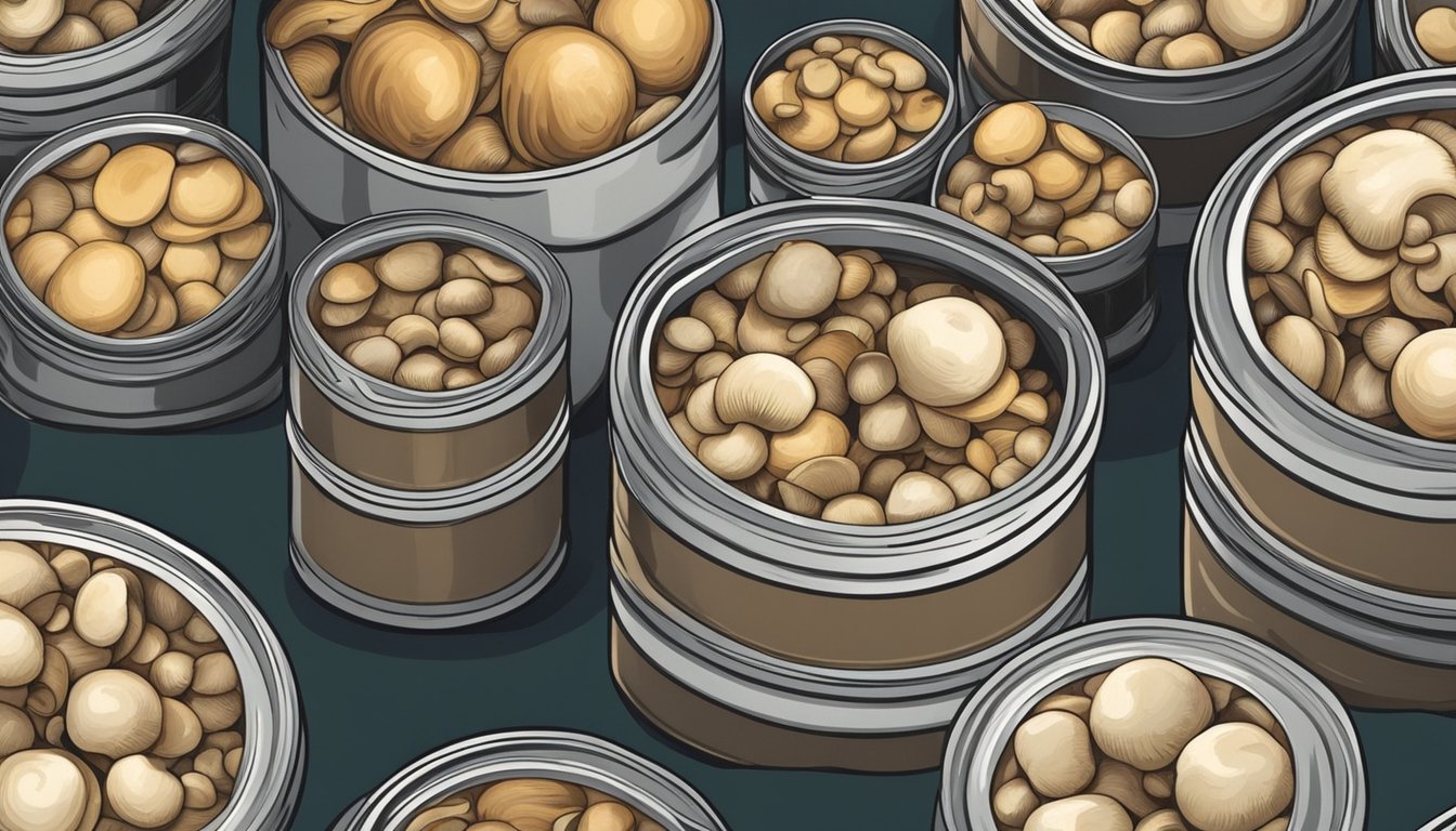 A pile of expired canned mushrooms with visible signs of spoilage, such as bulging lids and discolored contents, sitting on a kitchen counter