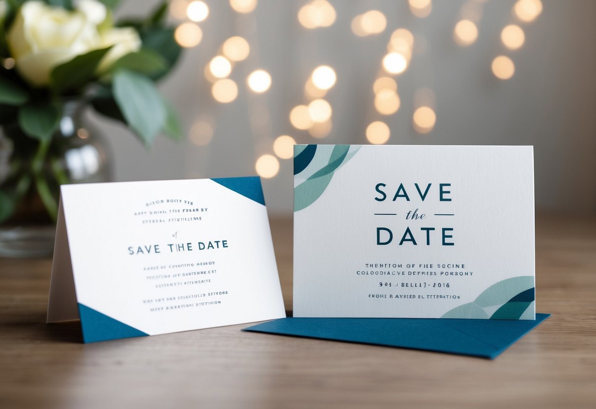 A sleek and modern save the date card sitting next to a matching invitation with coordinating design elements and color scheme