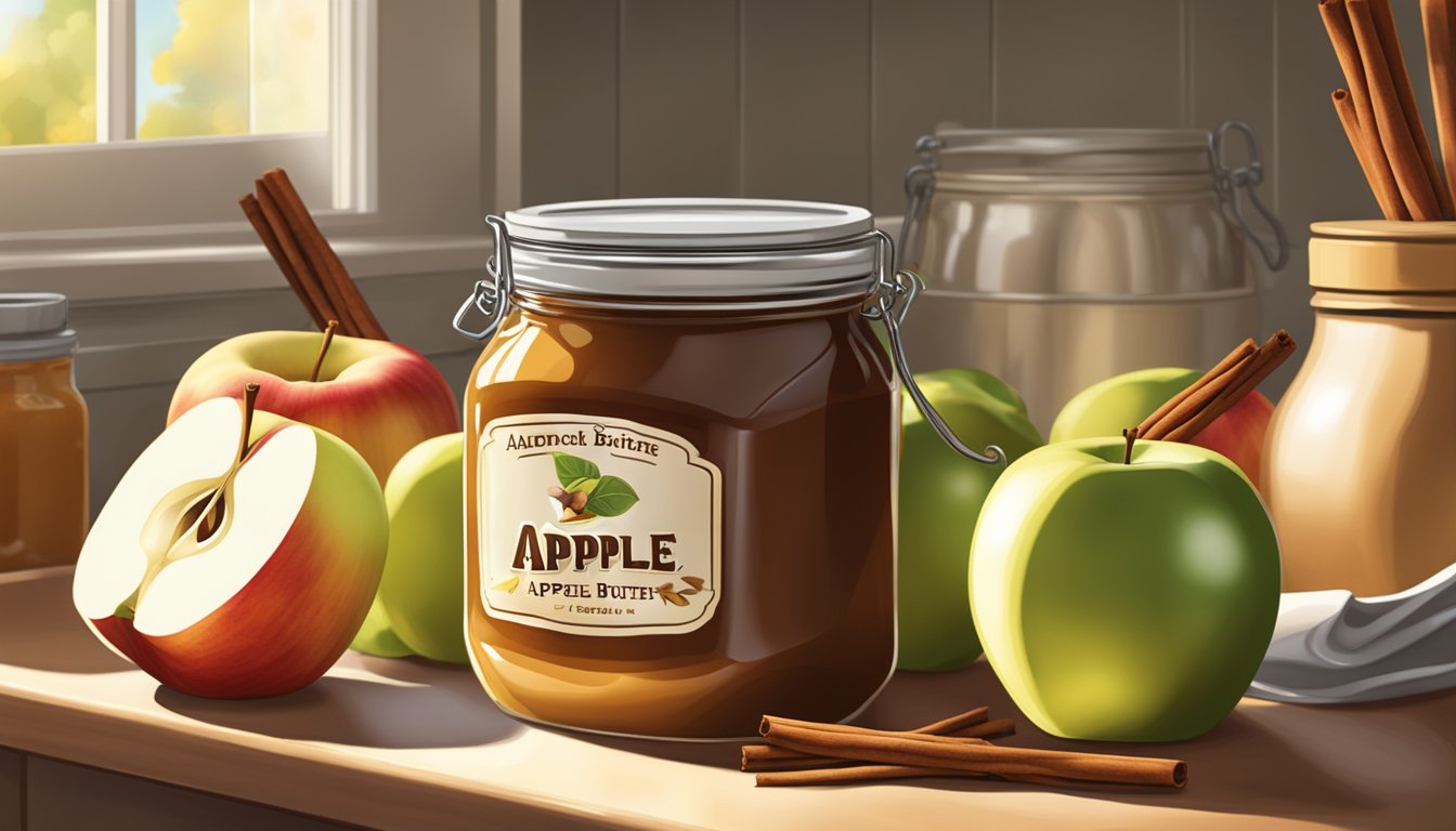 A jar of apple butter sits on a kitchen counter, surrounded by fresh apples and cinnamon sticks. Sunlight streams through a nearby window, casting a warm glow over the scene