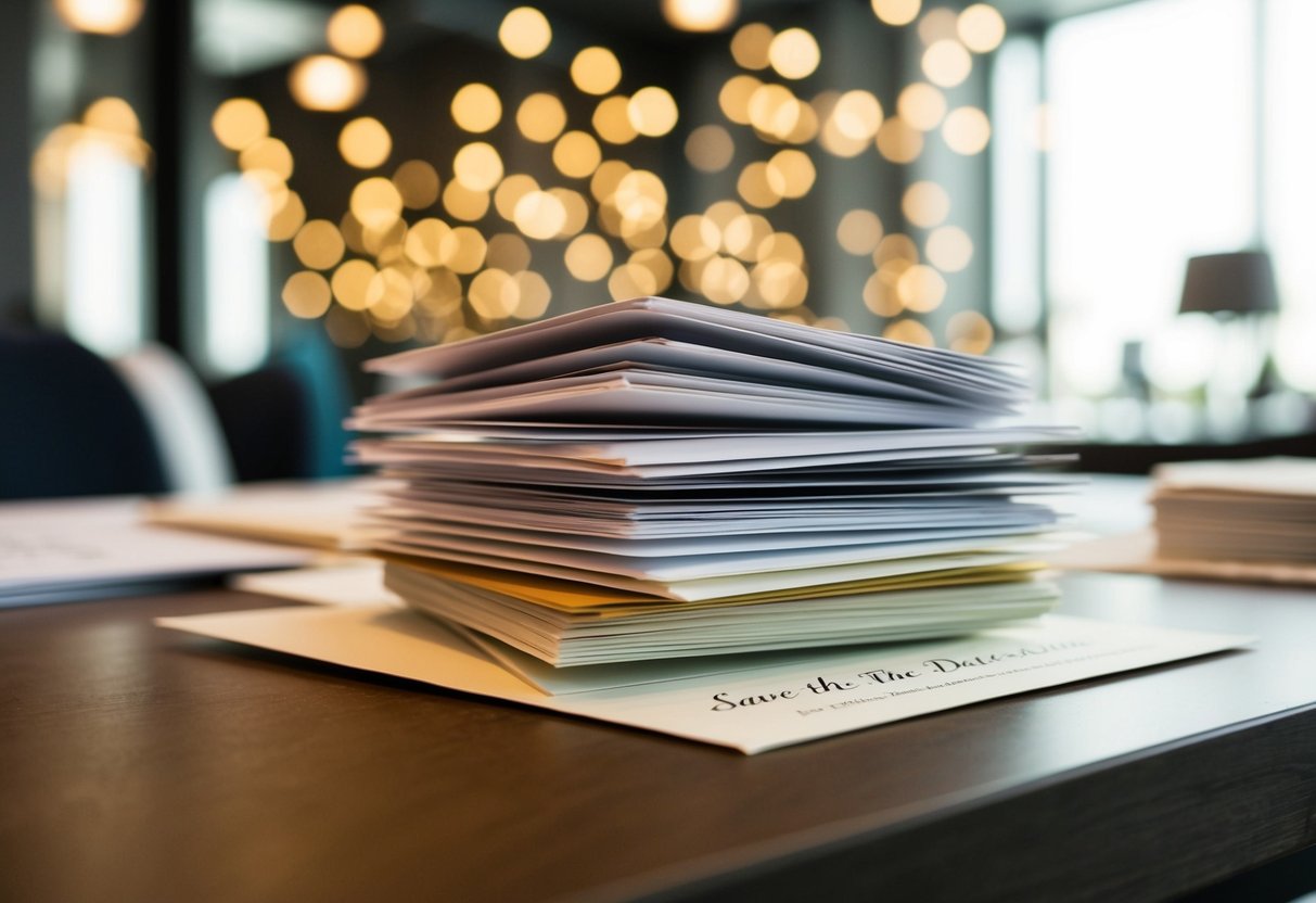 A stack of mismatched save-the-dates and invitations on a table