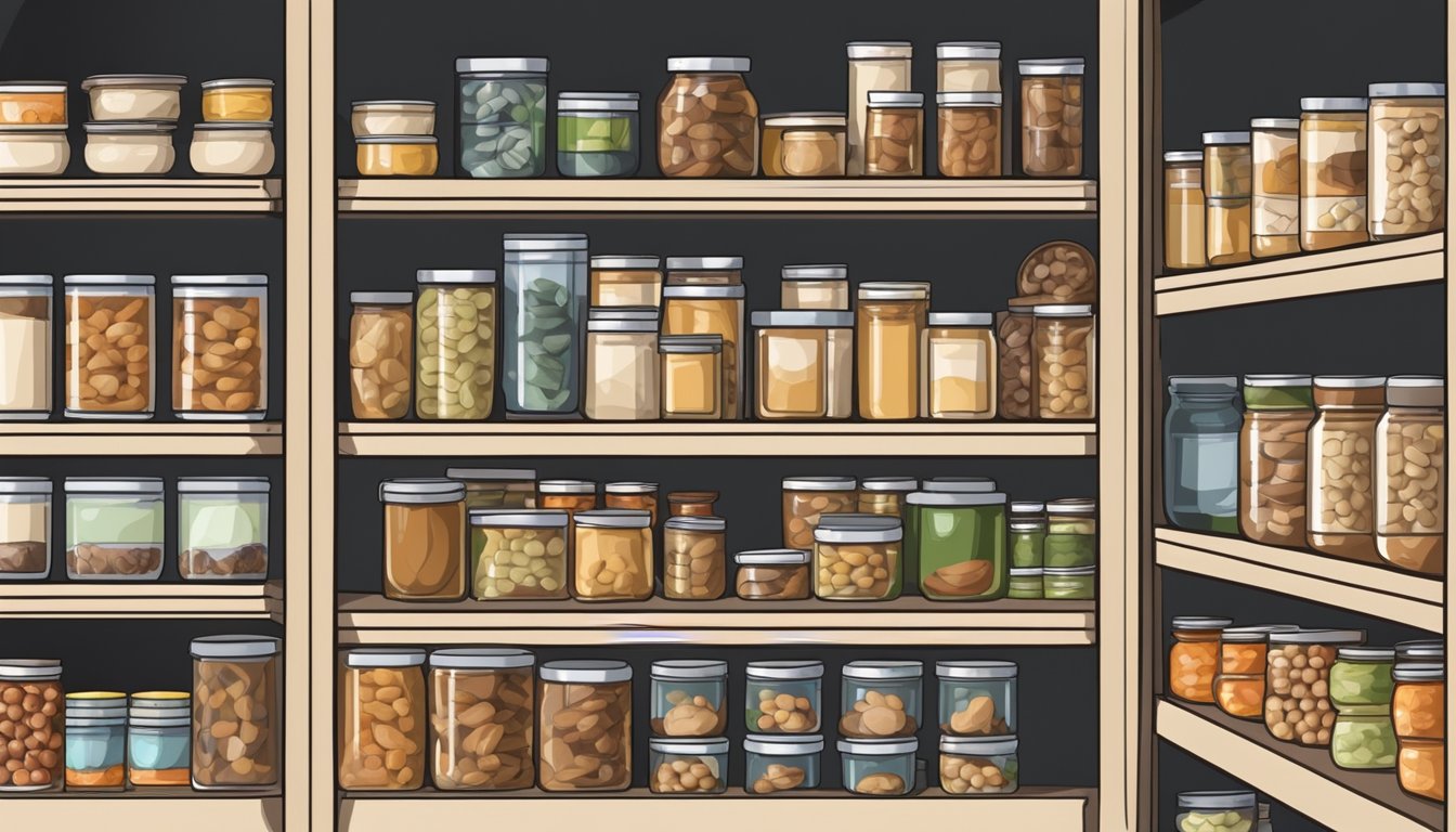 A pantry with neatly organized shelves of canned goods, including expired canned mushrooms separated from the rest