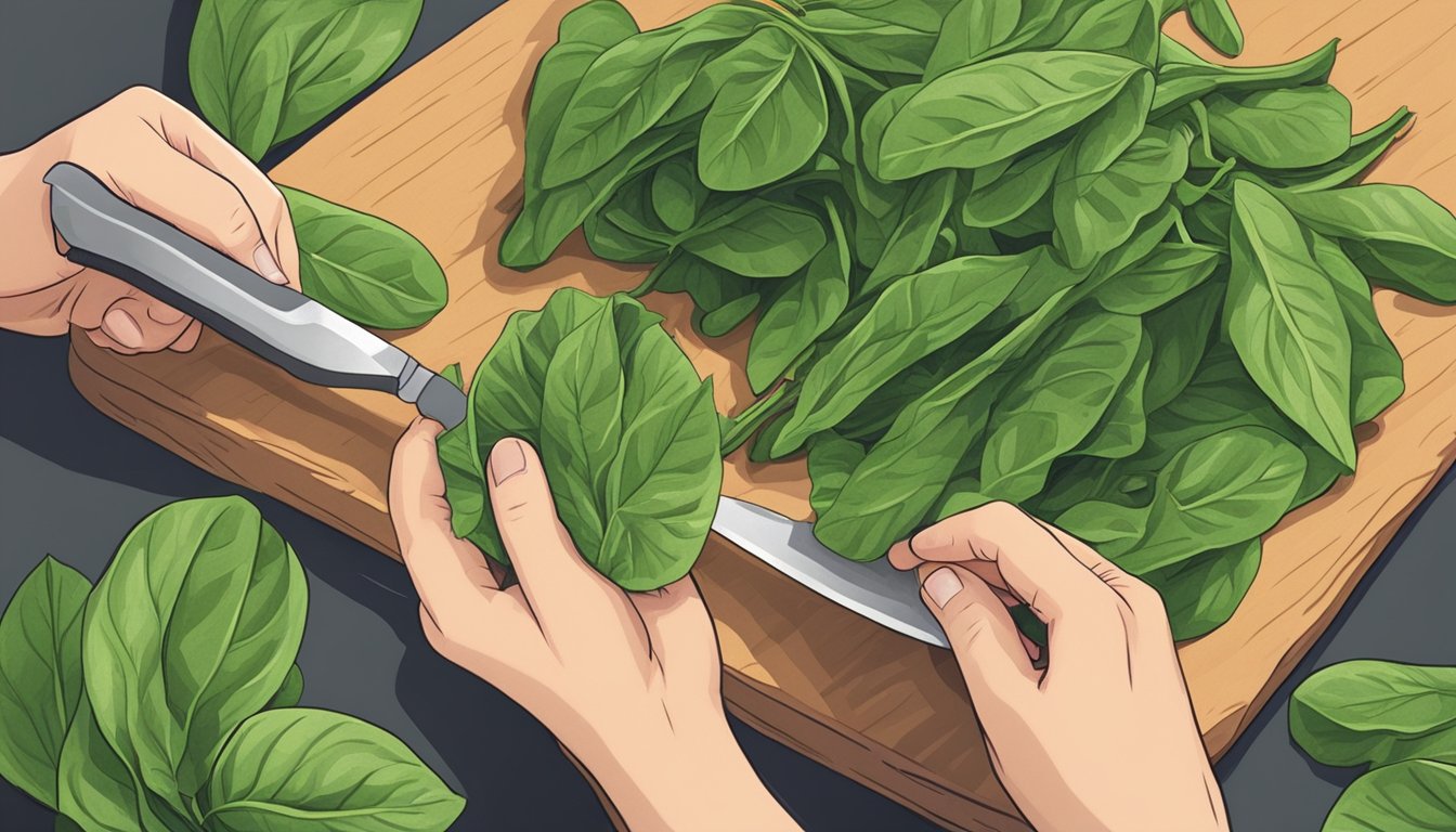 A person holding a bunch of unripe sorrel leaves, examining them with a cautious expression. A knife and cutting board are nearby