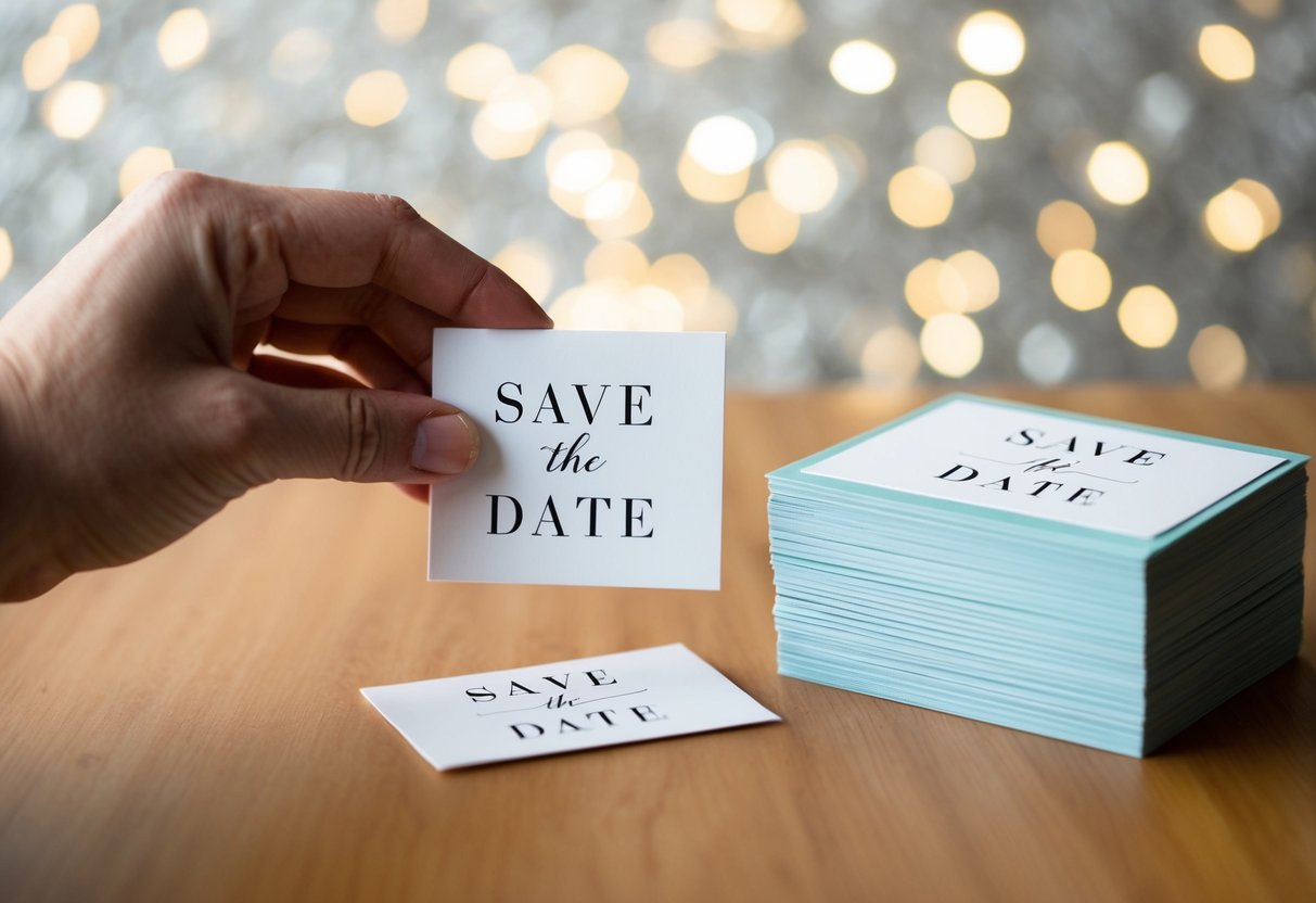 A hand placing a "Save the Date" card next to a stack of matching invitations