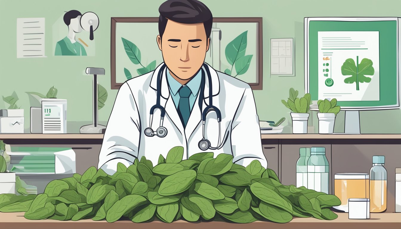 A person holding a bunch of unripe sorrel leaves, with a concerned expression on their face. Surrounding them are images of upset stomach and a doctor's consultation