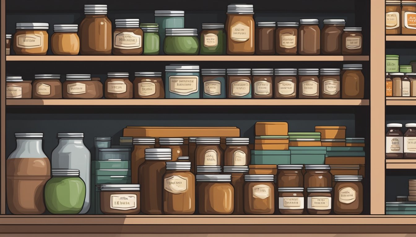 A jar of expired apple butter sits on a shelf next to a row of neatly organized canned goods in a pantry