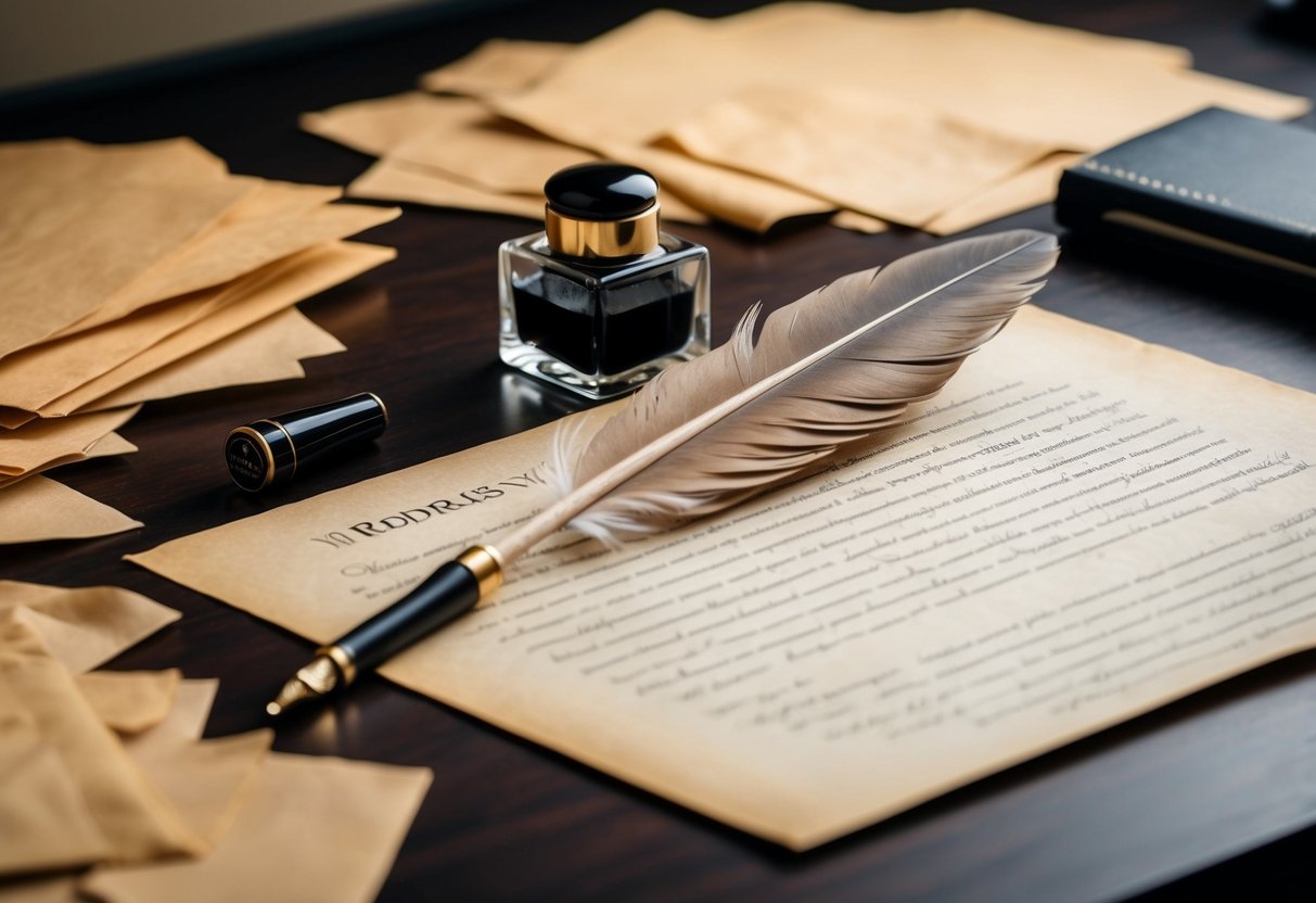 A quill pen and inkwell sit on a desk, surrounded by scattered sheets of parchment and a crumpled draft of wedding vows