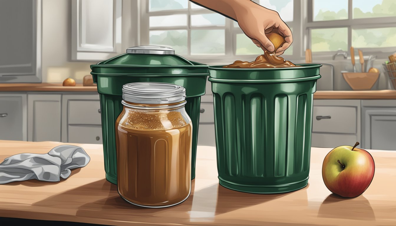 A jar of expired apple butter being tossed into a trash can