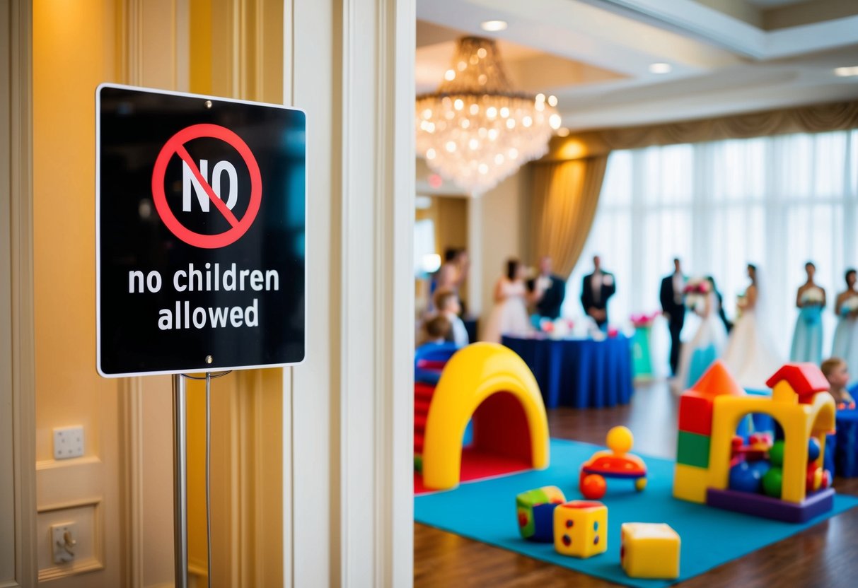 A wedding reception with a sign at the entrance stating "No children allowed" and a playful kids' area set up nearby, complete with toys and games