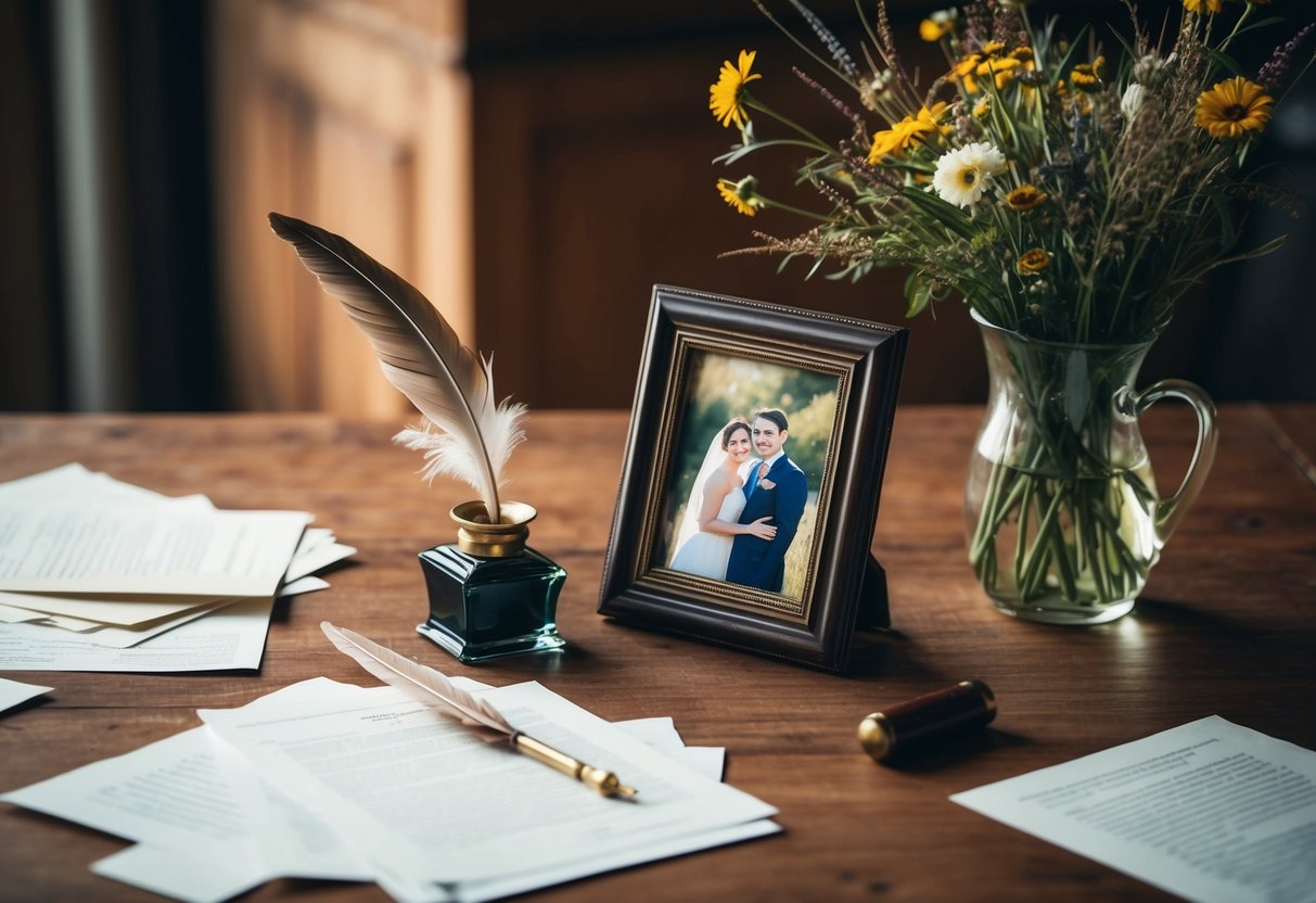 A wooden desk with scattered papers, a quill pen, and a vintage inkwell. A framed photo of the couple sits next to a vase of wildflowers