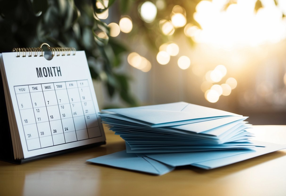 A calendar with the month of the event circled and a pile of unopened envelopes