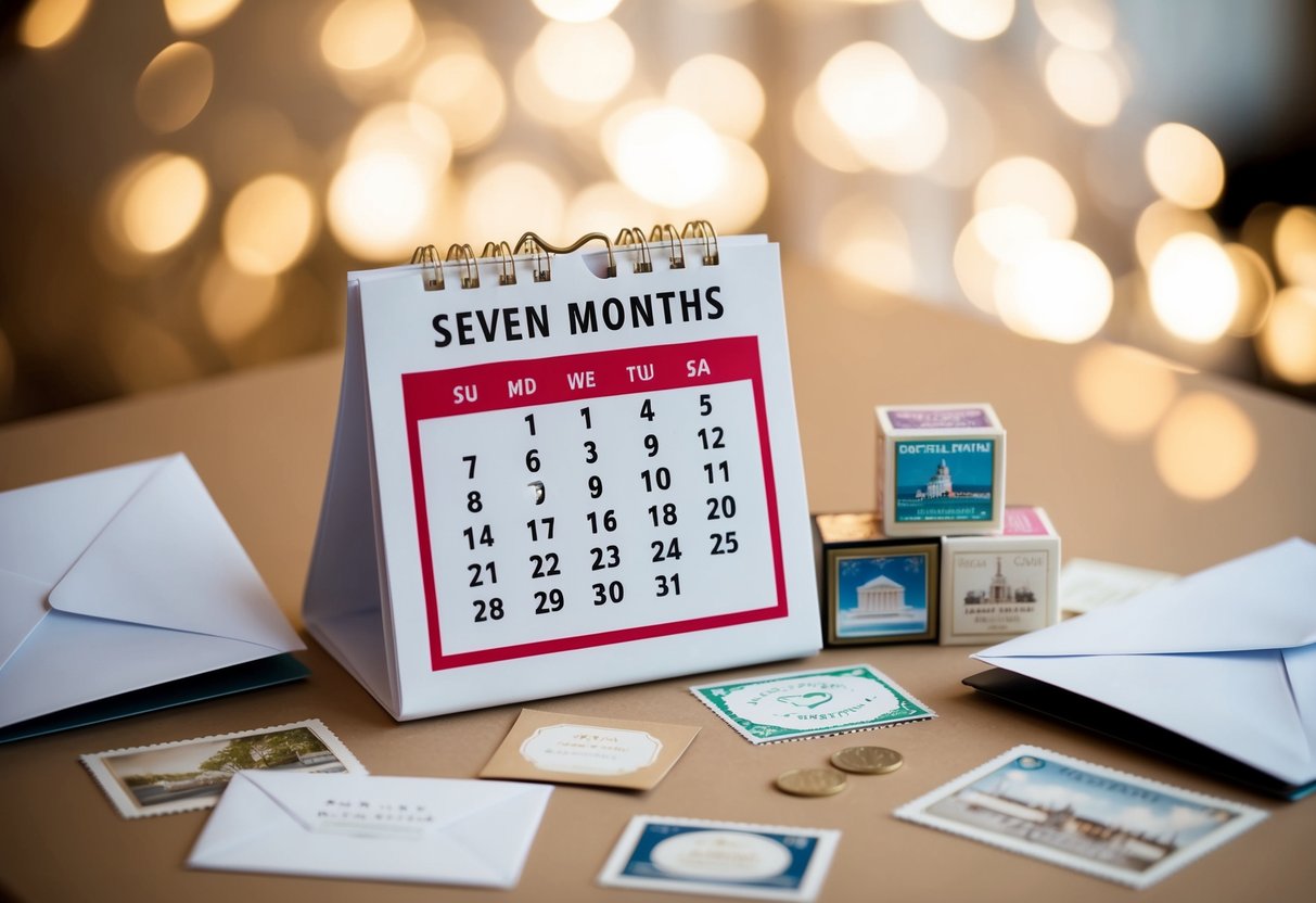 A calendar with the date seven months before a wedding circled in red, surrounded by envelopes and stamps