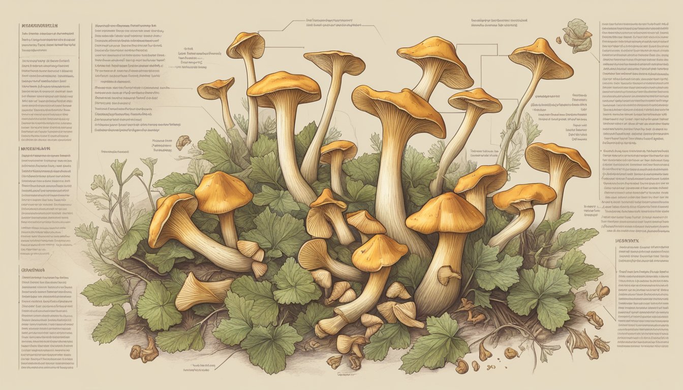 A close-up of freshly picked chanterelle mushrooms with a variety of nutritional information surrounding them