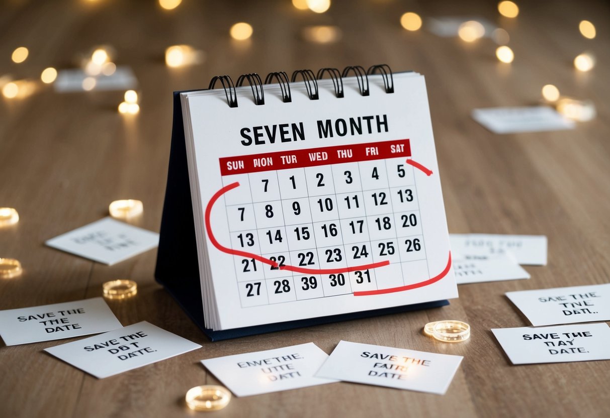 A calendar with a date seven months in the past circled in red, surrounded by scattered save the date cards