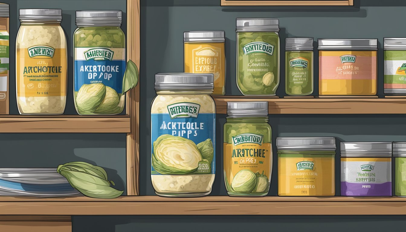 A jar of expired artichoke dip sits on a kitchen shelf, surrounded by other canned goods. The expiration date is clearly visible on the label