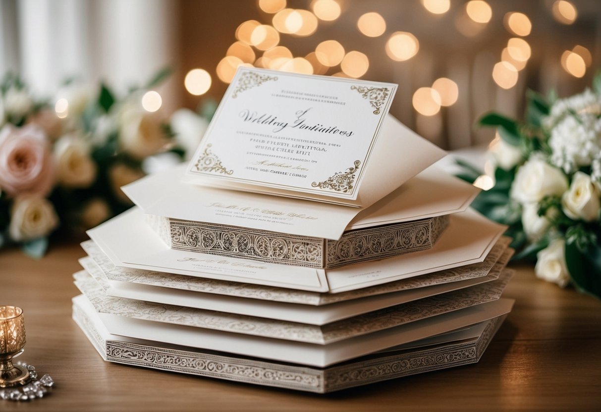 A stack of elegant wedding invitations with decorative borders and intricate designs