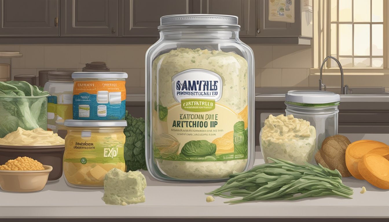 A jar of expired artichoke dip sits on a kitchen counter, surrounded by other food items. The expiration date is clearly visible on the label