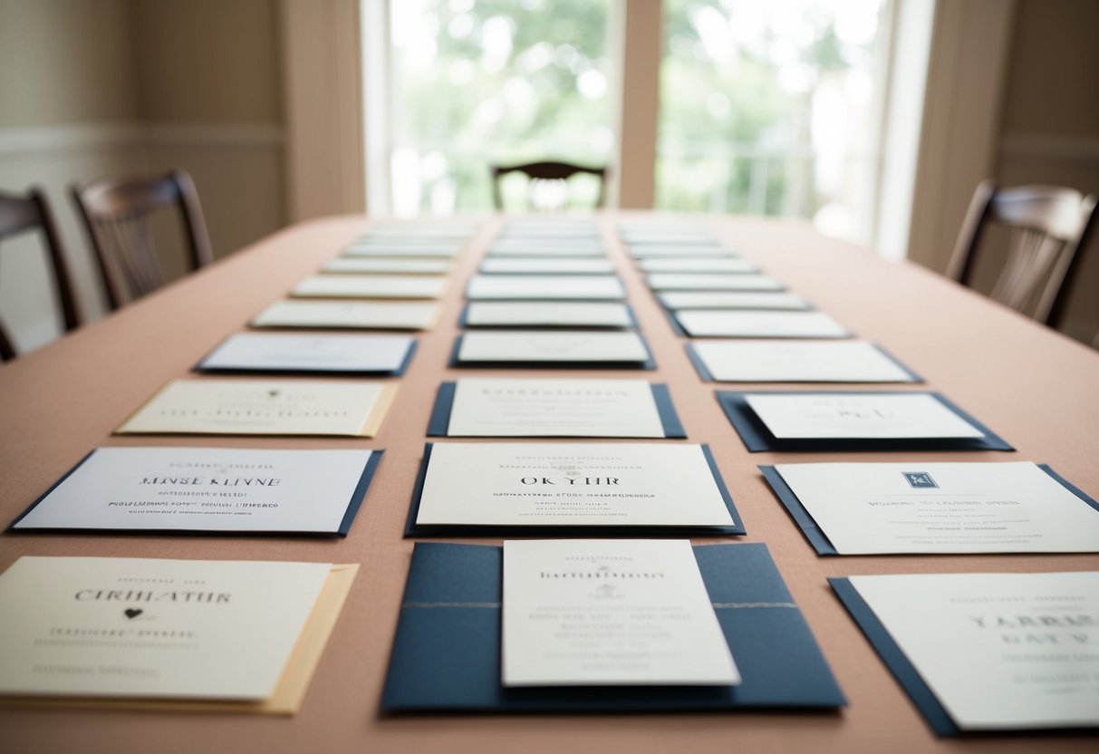 A table with various wedding invitations, each with unique wording and design to suit different guests' preferences