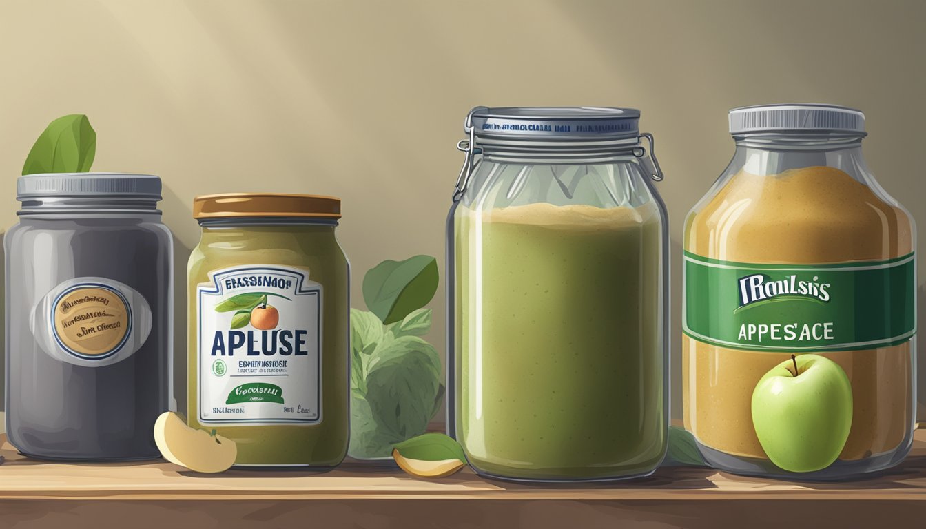 A jar of expired applesauce sits on a dusty shelf, surrounded by other forgotten pantry items