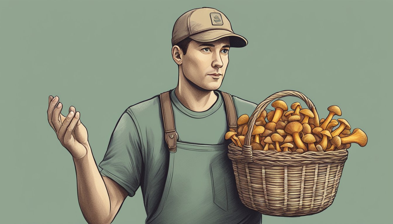 A person holding a basket of chanterelle mushrooms, with a cautious expression and a questioning look towards the mushrooms