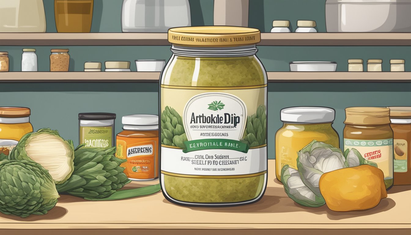 A jar of artichoke dip sits on a kitchen shelf, surrounded by other condiments. The expiration date on the label is visible, and the dip appears untouched