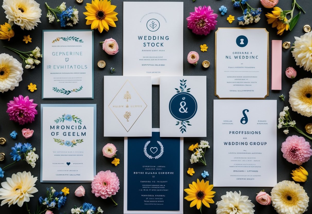 A diverse group of wedding invitations with gender-neutral titles and symbols, surrounded by colorful flowers and decorative elements