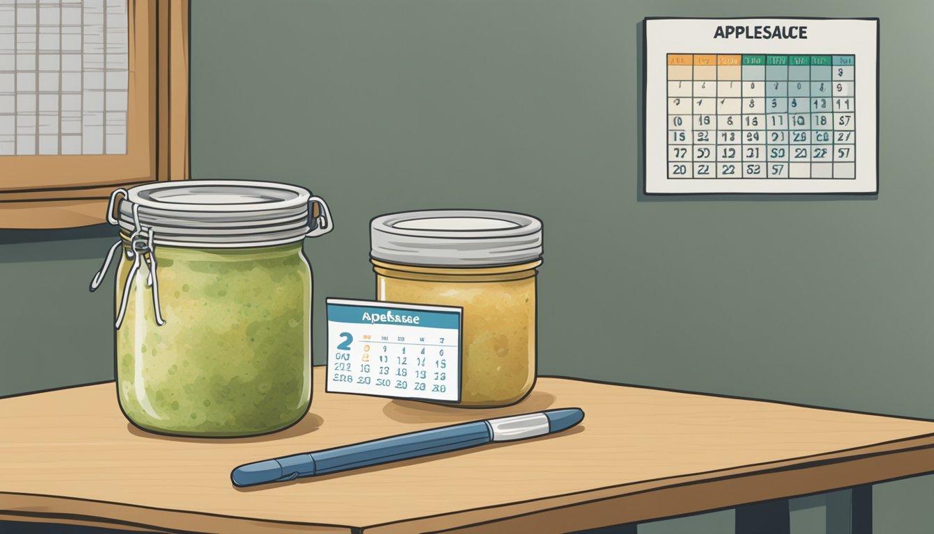 A jar of applesauce with moldy, discolored contents sits next to a calendar showing an expired date