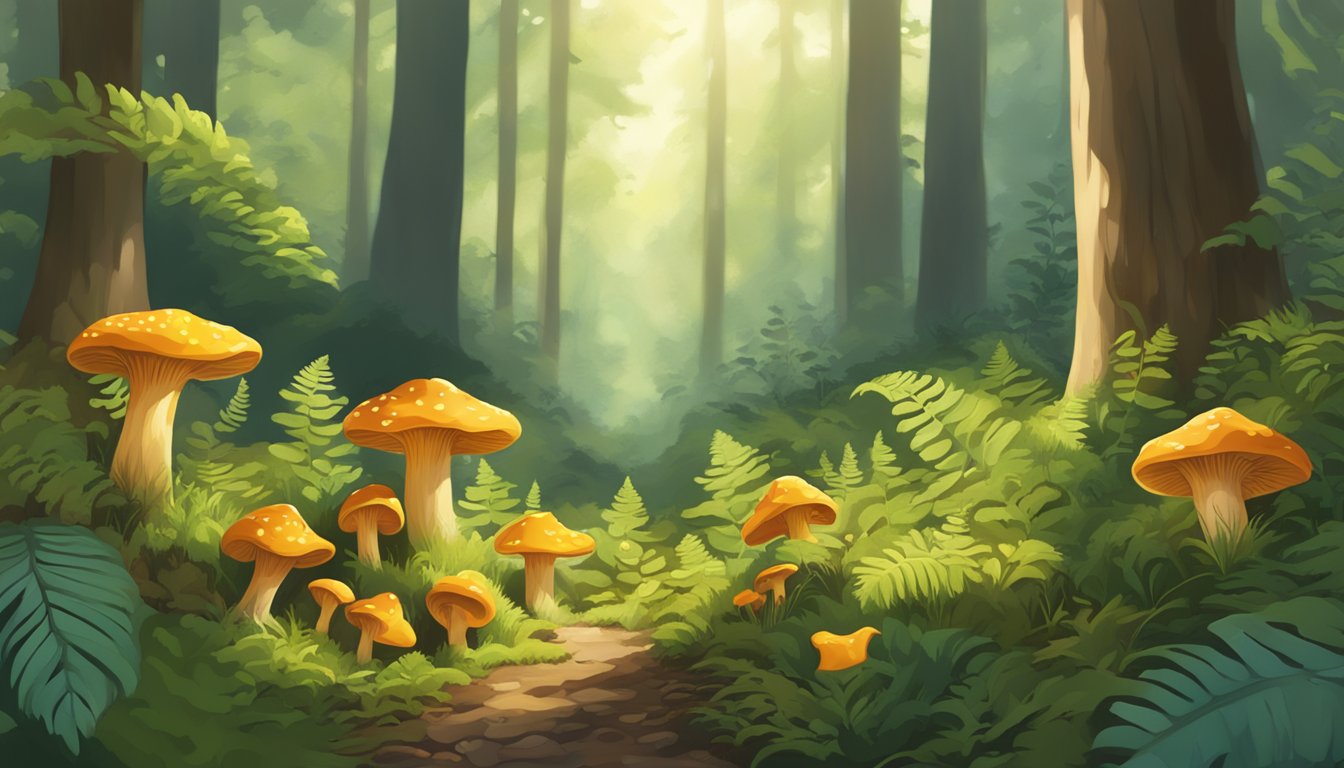 A lush forest floor scattered with vibrant chanterelle mushrooms, surrounded by ferns and moss, with dappled sunlight filtering through the trees