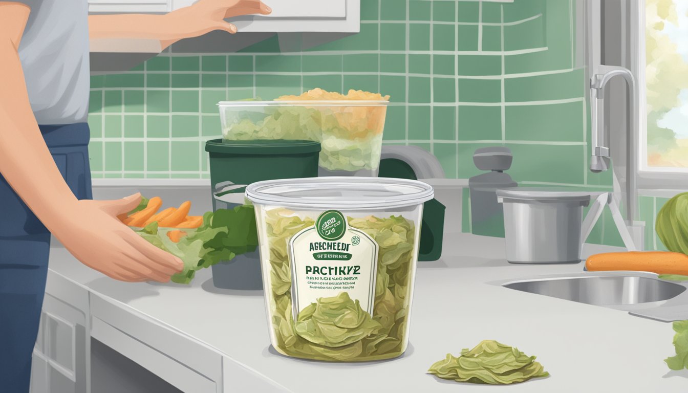 A jar of expired artichoke dip sits on a kitchen counter, next to a trash can. The lid is partially open, and a hesitant hand reaches towards it