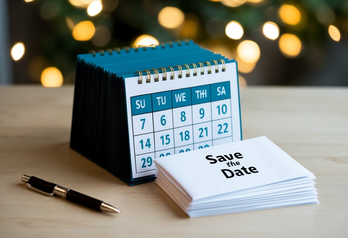 A calendar with a marked date in the future and a stack of envelopes with "Save the Date" written on them