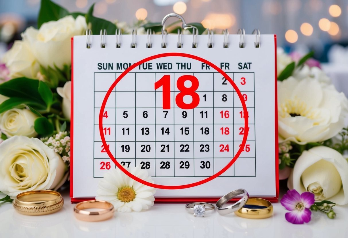 A calendar with a date 18 months in the future circled in red, surrounded by wedding-related items such as flowers, rings, and a venue
