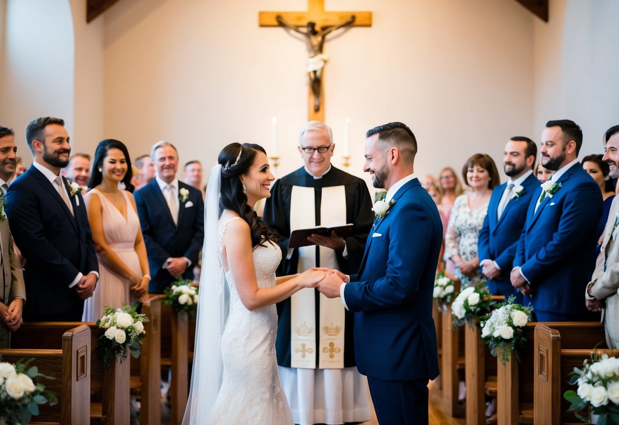 The bride and groom stand at the altar, exchanging vows as guests look on. The officiant leads the couple in a final blessing before they recess down the aisle