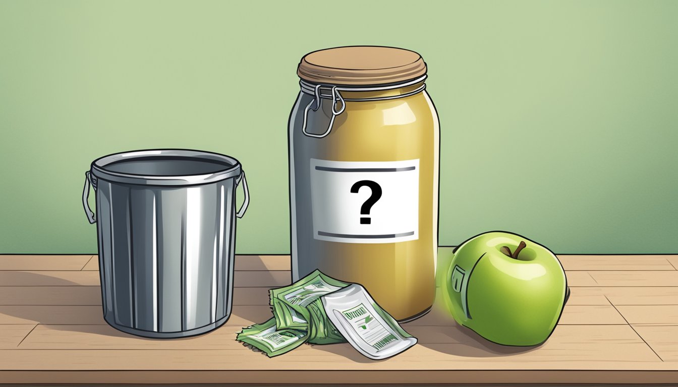 A jar of expired applesauce next to a trash can, with a question mark above it