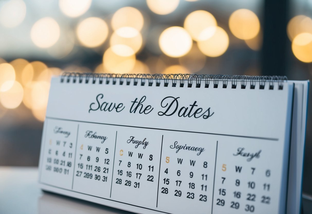 A calendar with wedding details marked 18 months in advance, including Save the Dates and other important dates
