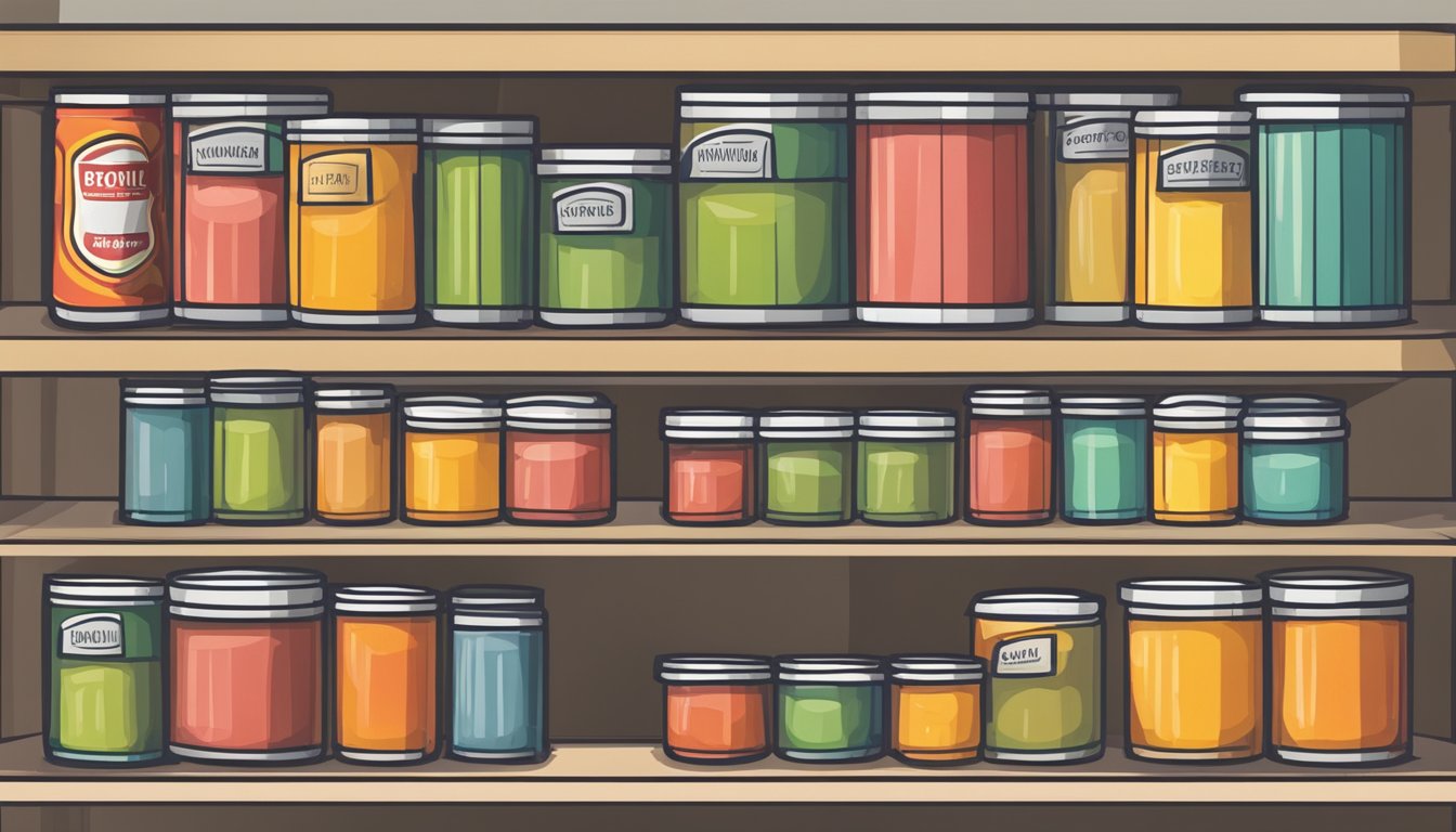 A pantry shelf with expired canned fruit surrounded by varying storage conditions: warm, cool, and damp