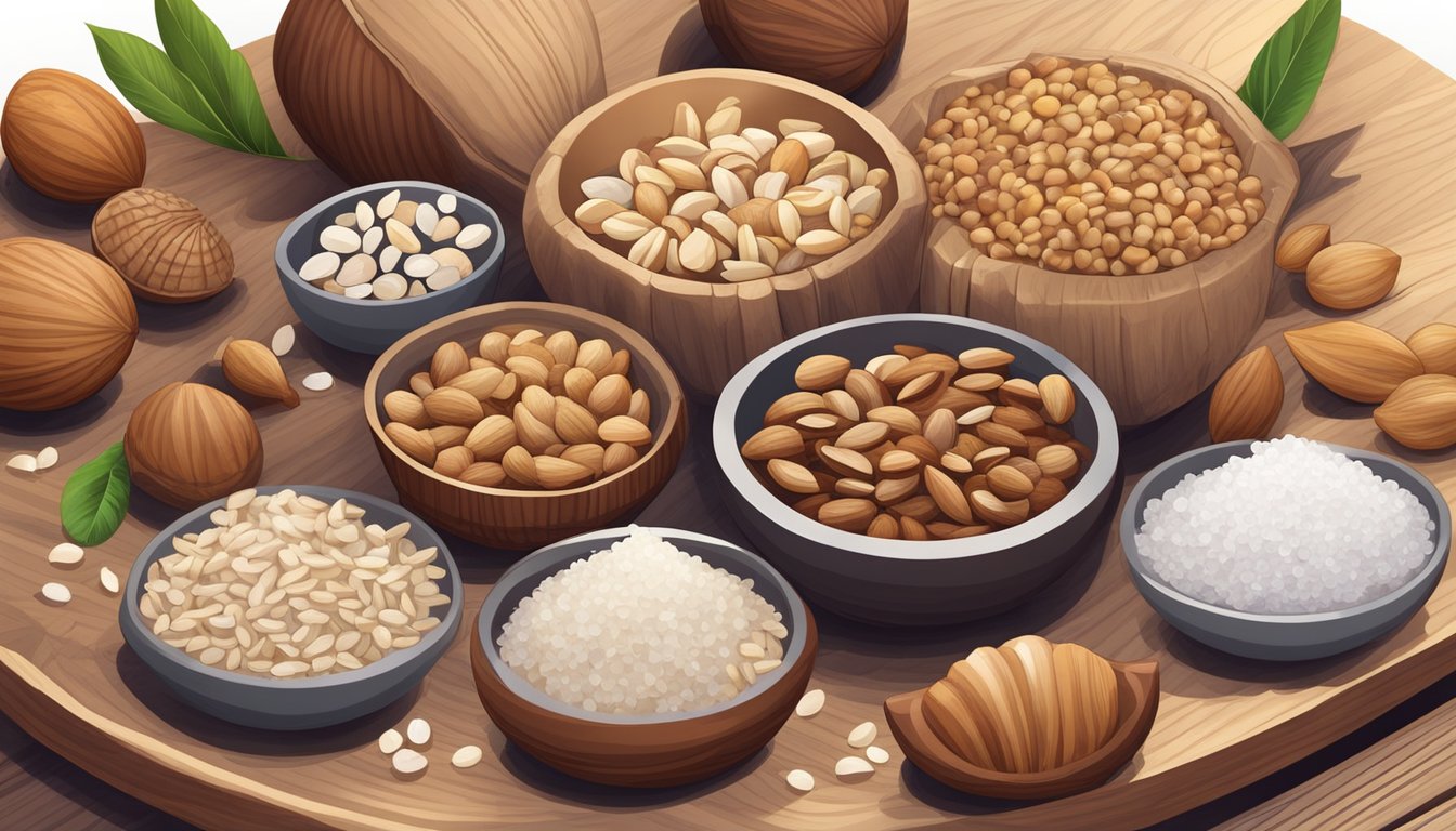 A variety of raw nuts arranged on a wooden cutting board, surrounded by scattered shells and a small bowl of salt