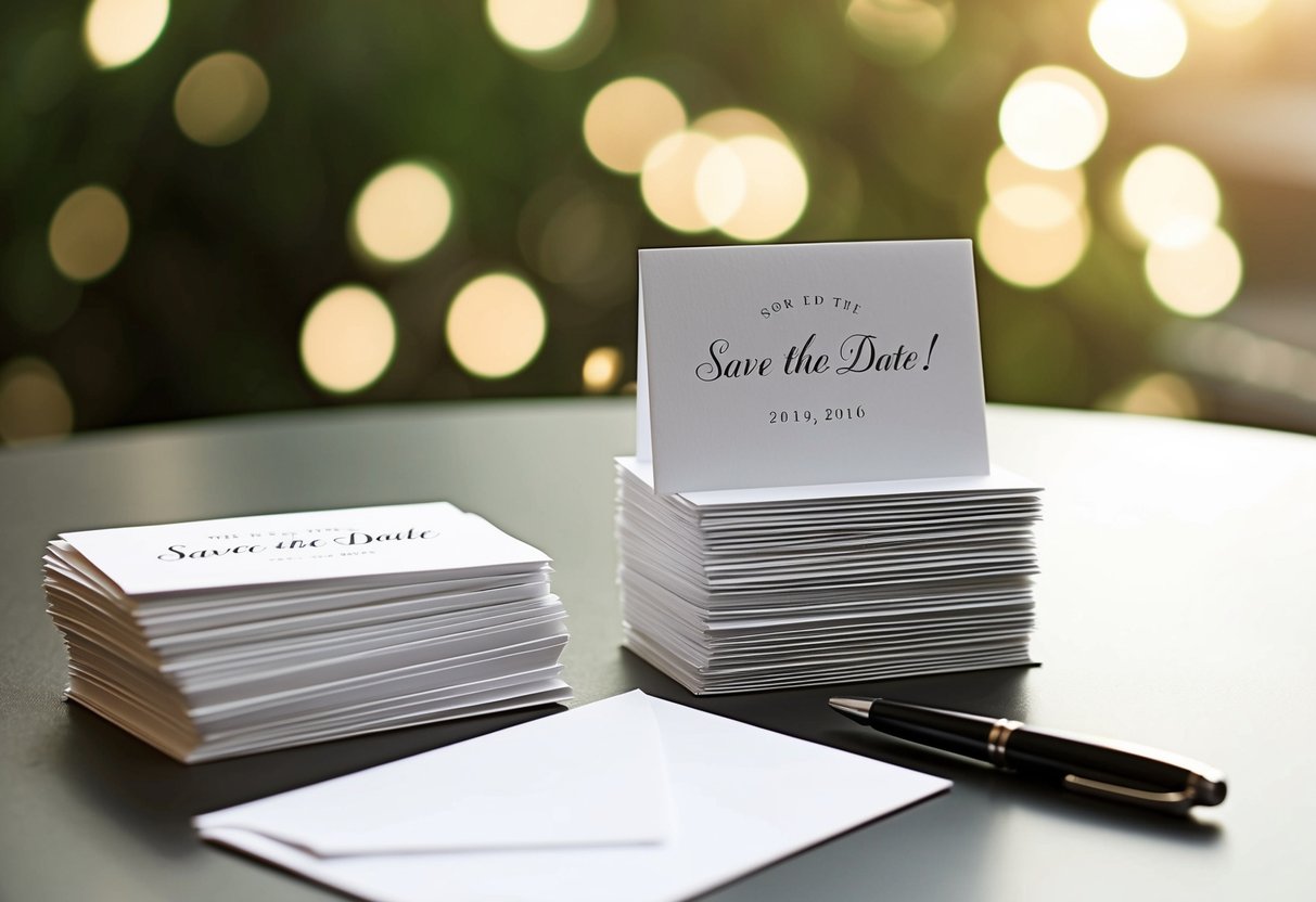 A table with a stack of blank save the date cards, a pen, and a pile of addressed envelopes