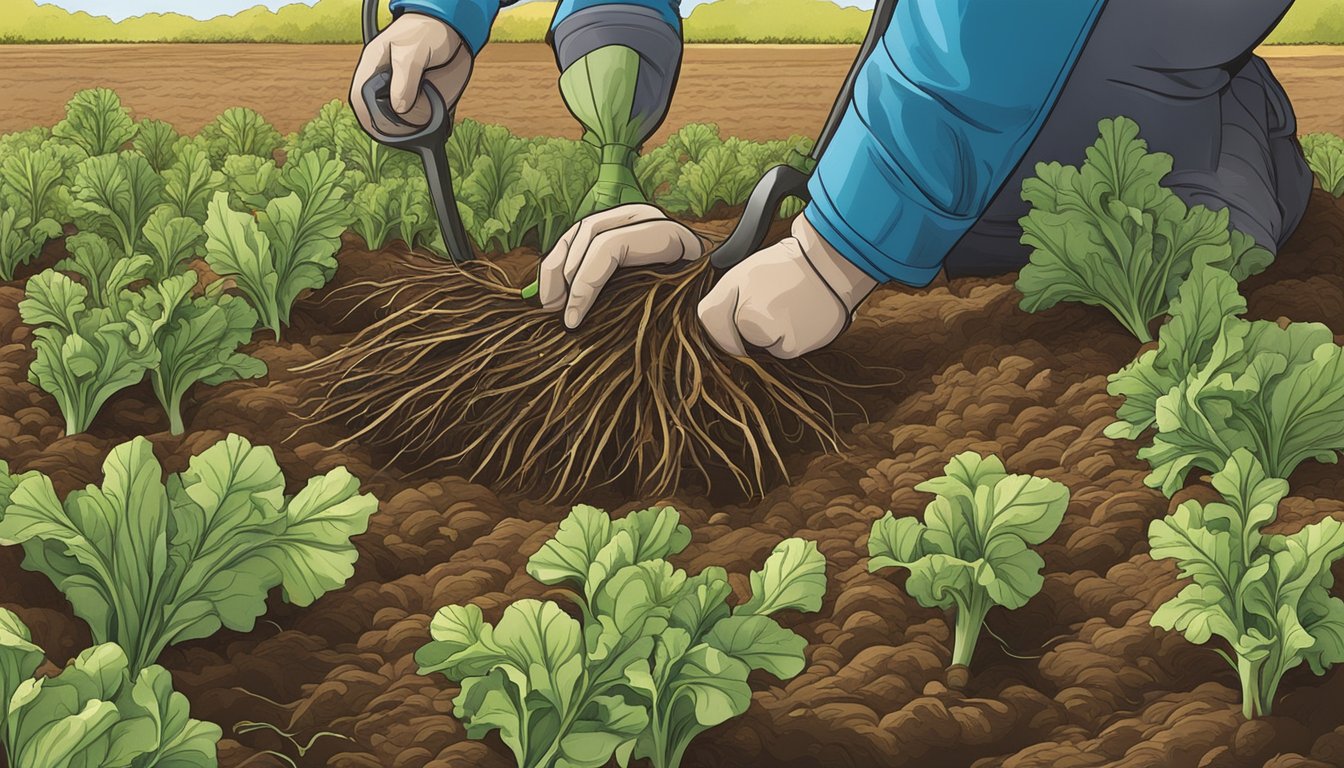 A close-up of chicory roots being harvested from the ground on a sunny day