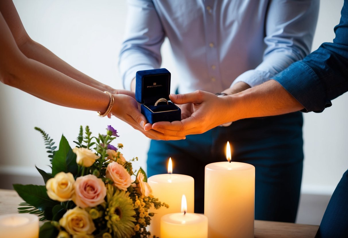 A person holding a small box with a ring, kneeling on one knee in front of another person. Flowers and candles are arranged around them